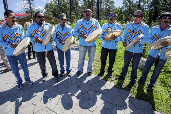 The North Man Dene Drum Group play as guests are welcomed to the new Journey to Churchill exhibit at the Assiniboine Park Zoo. Number TEN Architectural Group had a hand in the exhibit's design.