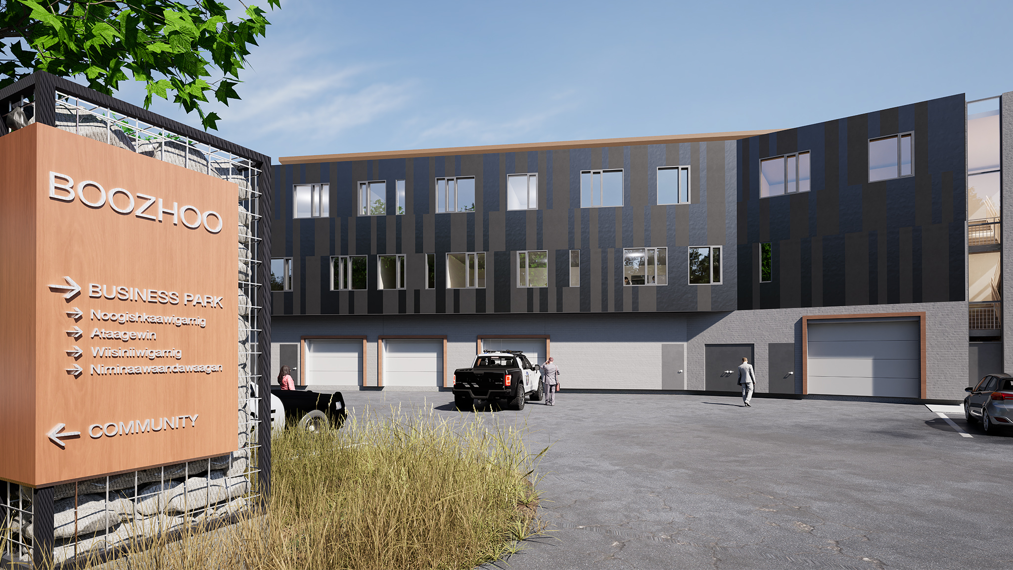 Rendering of the backside of the building, showing the parking lot and the sign to enter.