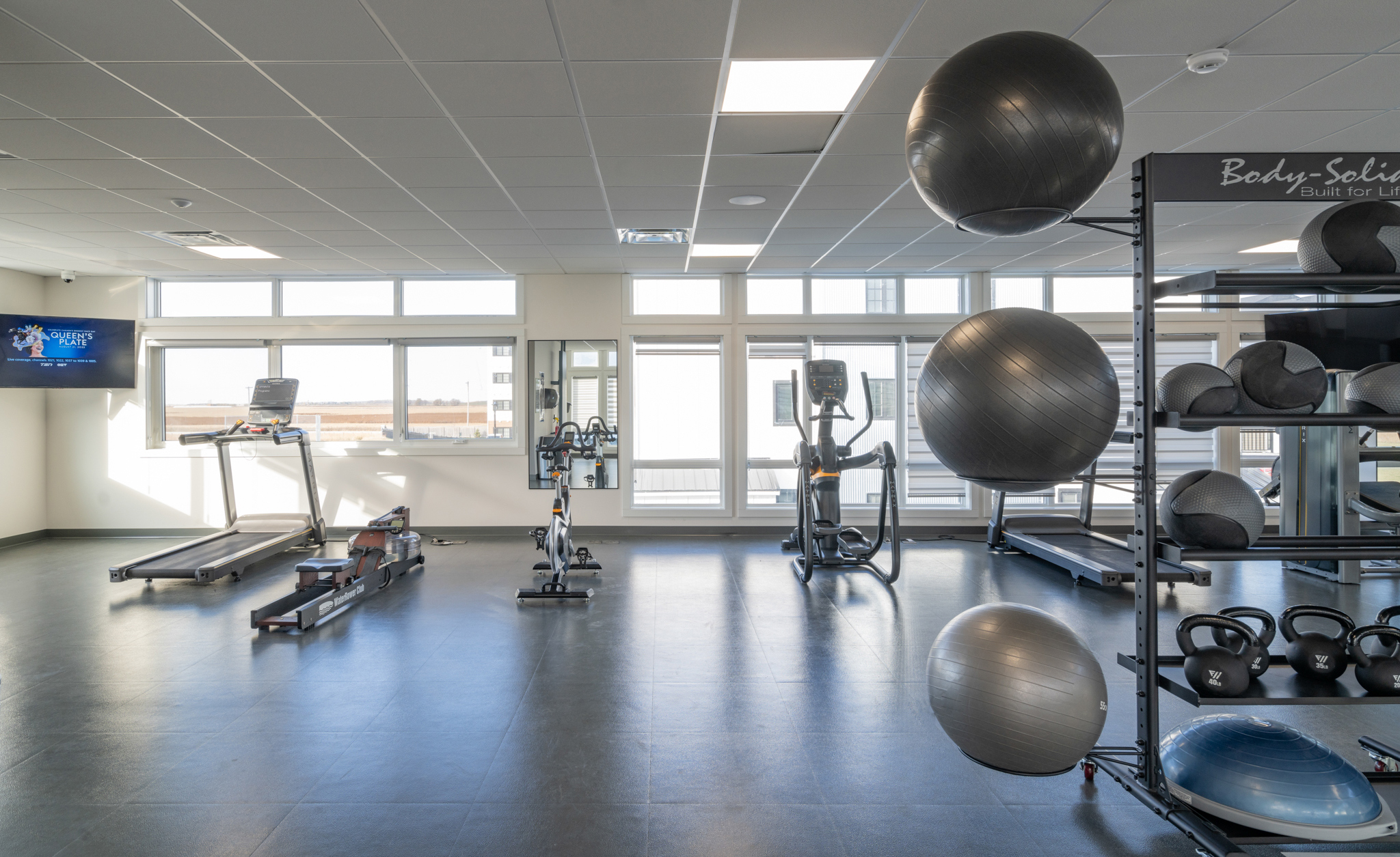 Image of the gym. There are medicine balls, weights, a treadmill and various other exercise machines.