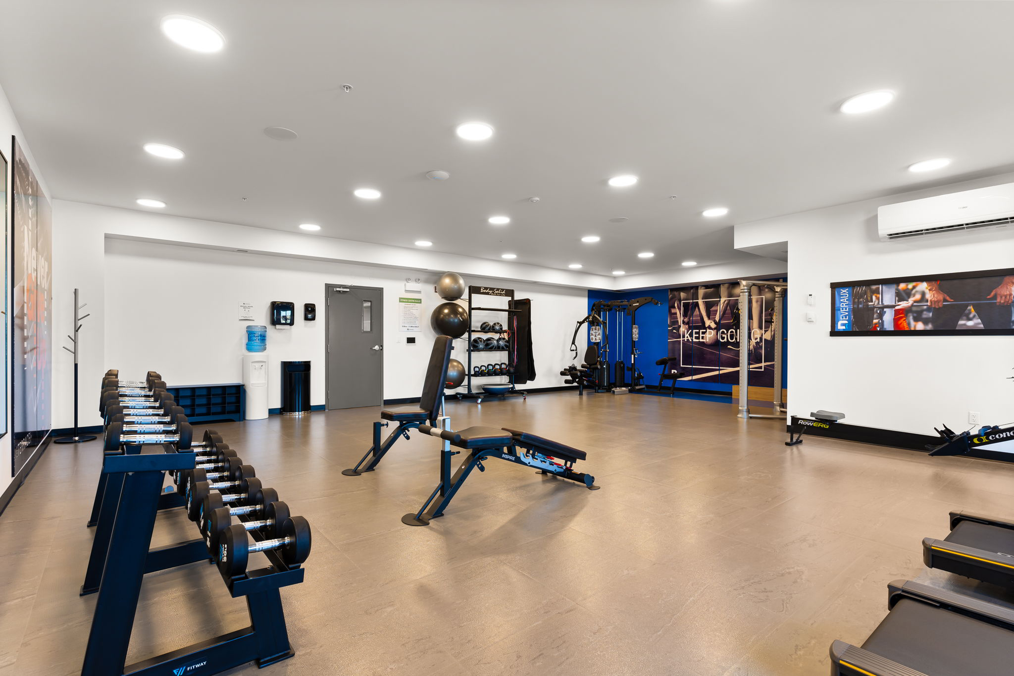 Image of the gym. There are racks with weights, treadmills and other machines.